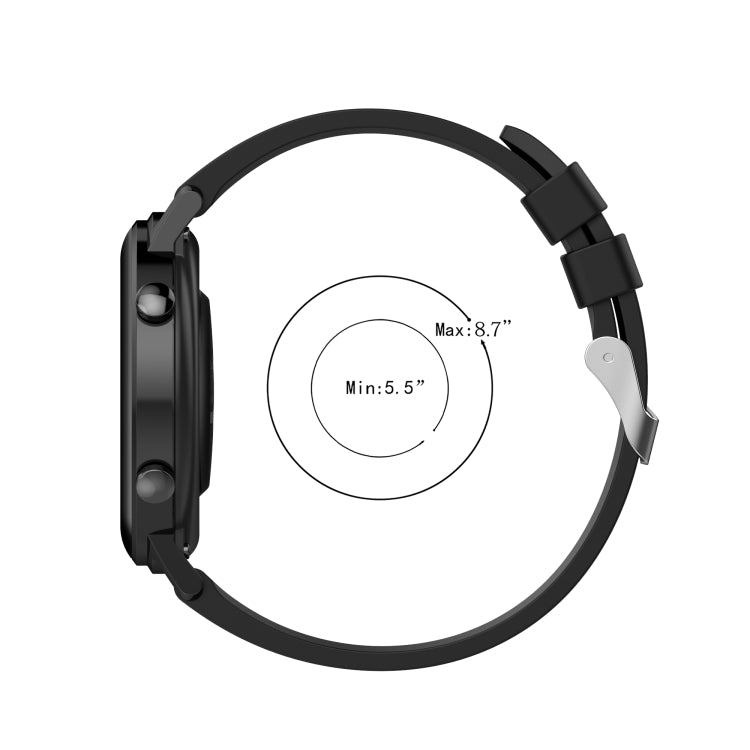 Black silicone watch strap with max/min sizing circle and quick-adjust buckle