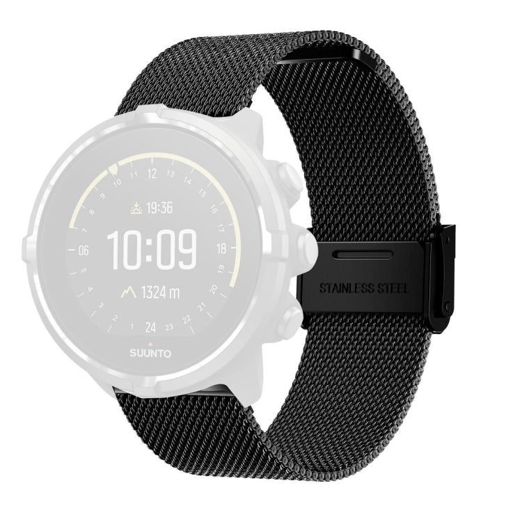 Black milanese mesh watch strap with metal buckle, shown on smartwatch case