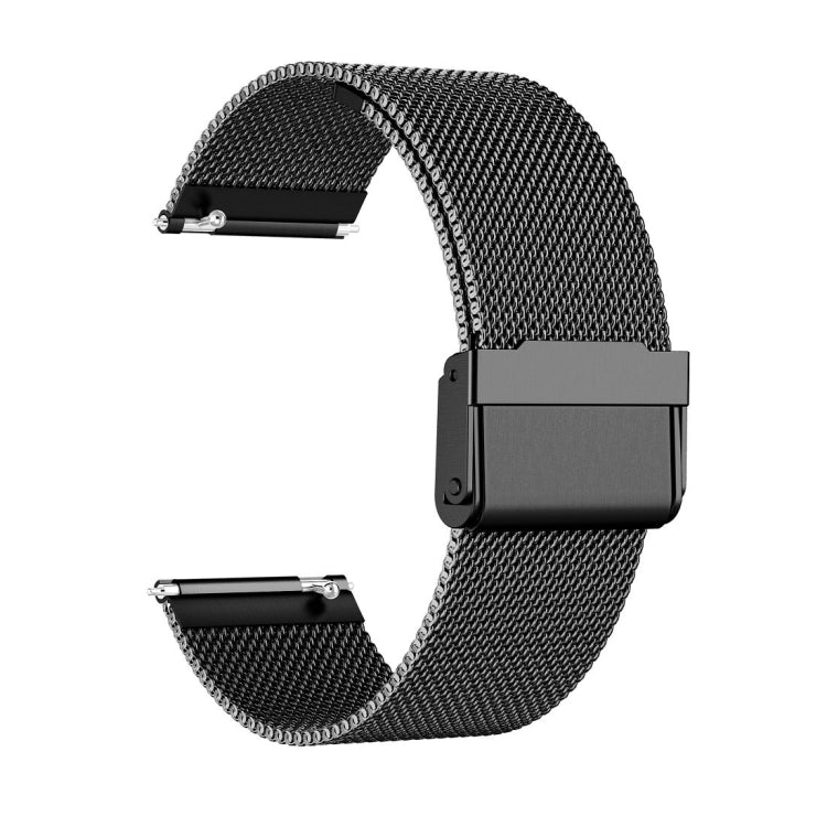 Black milanese mesh watch strap with rectangular clasp buckle, side view