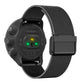 Black milanese mesh watch strap with clasp buckle, shown with dark smartwatch