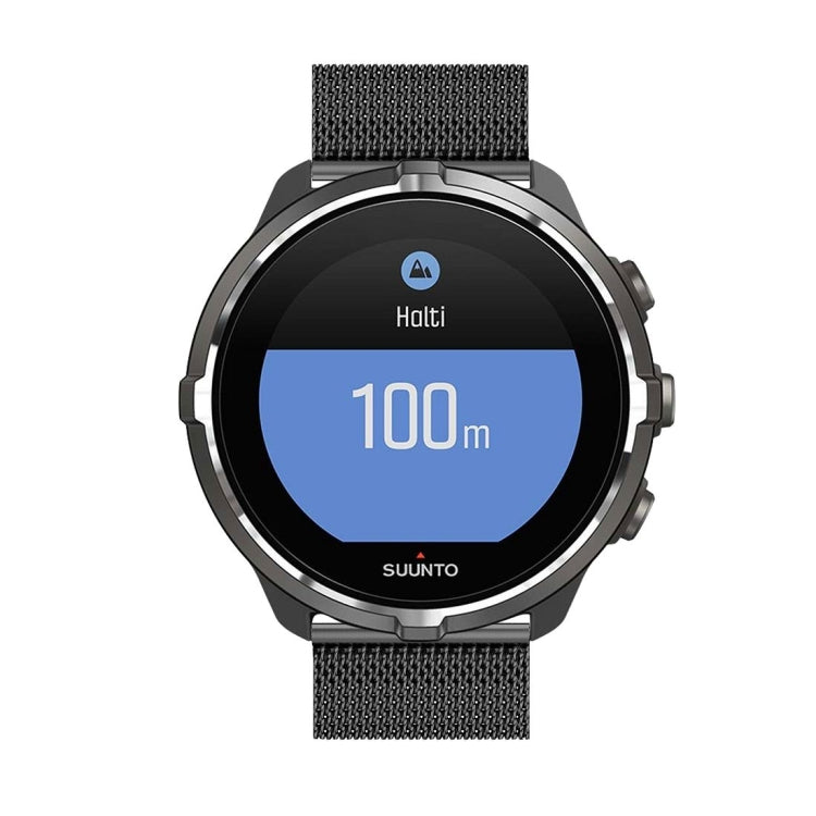 Black milanese mesh watch strap with clasp buckle on round smartwatch display