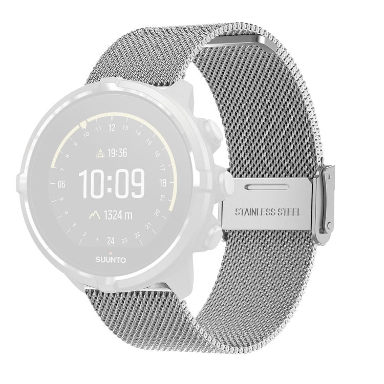 Silver milanese mesh watch strap with metal buckle, shown on smartwatch case