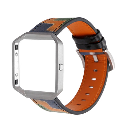 Smartwatch with orange leather strap featuring multicolor abstract pattern and buckle holes