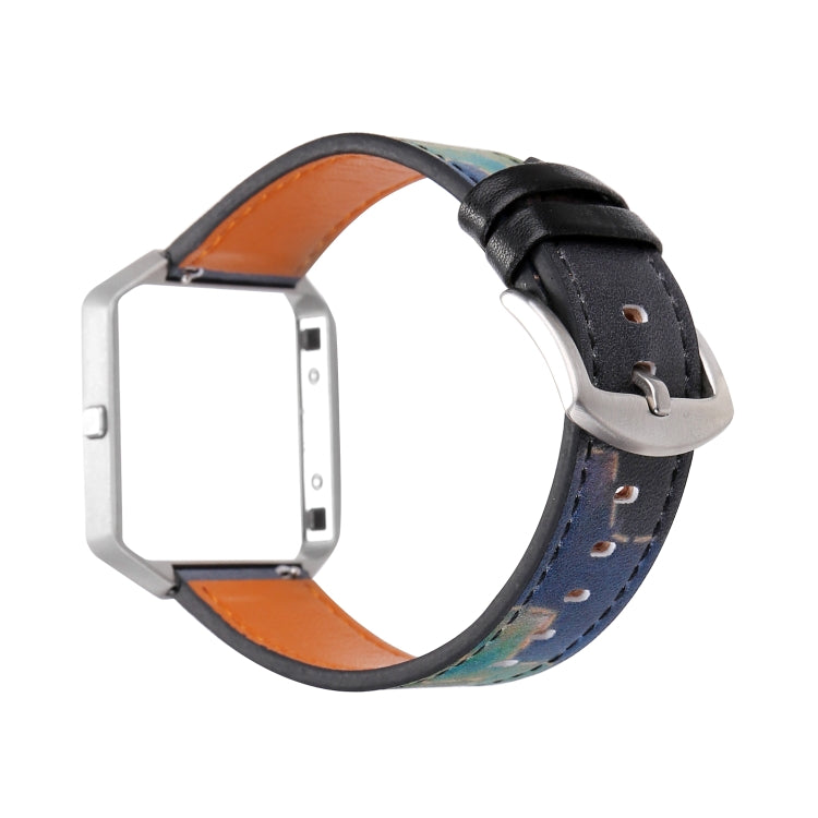 Smartwatch with black leather strap and blue/orange patterned backing, metal buckle detail