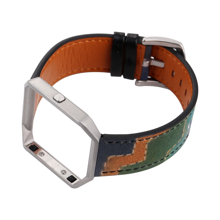 Smartwatch with orange leather strap and green/blue abstract pattern, silver clasp and pin