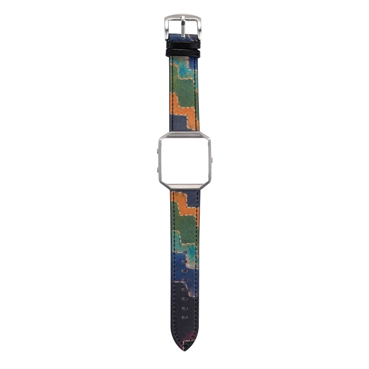 Smartwatch with long multicolor patterned leather strap, metal buckle at top