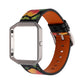 Smartwatch with orange leather strap and colorful floral pattern, black keeper strap