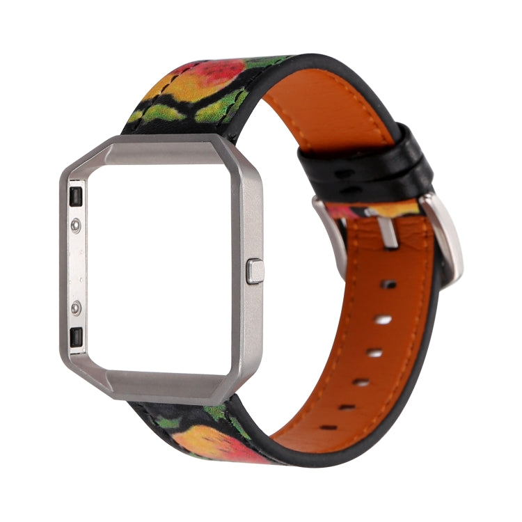 Smartwatch with orange leather strap and colorful floral pattern, black keeper strap