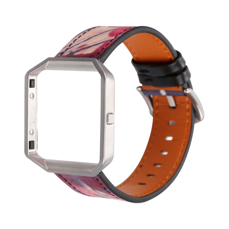 Smartwatch with orange leather strap and pink/purple abstract pattern, silver clasp
