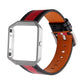 Smartwatch with orange leather strap and red/purple accents, black buckle and stitching holes