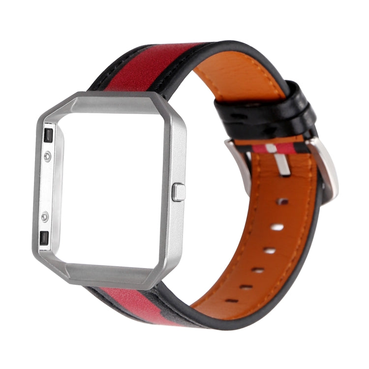 Smartwatch with orange leather strap and red/purple accents, black buckle and stitching holes
