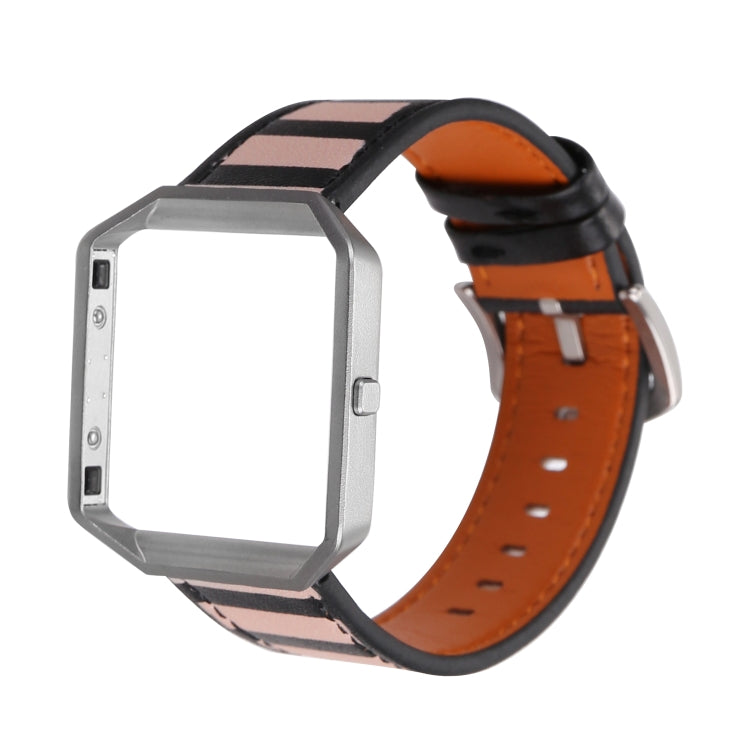 Smartwatch with orange leather strap and pink/gray stripe pattern, silver clasp and holes