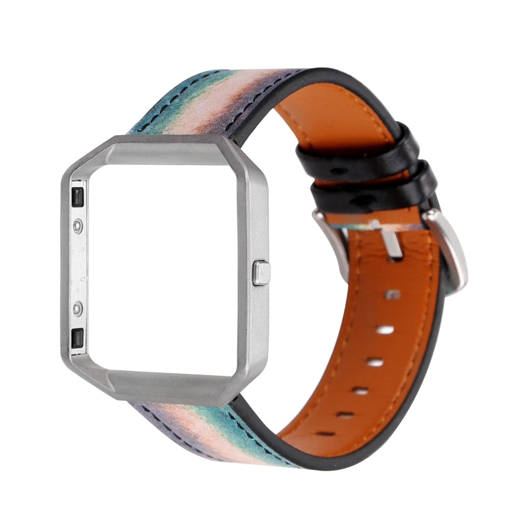 Smartwatch with orange leather strap and teal/pink abstract pattern, black strap keeper