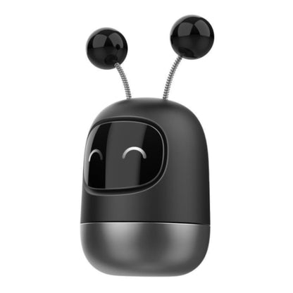 Cartoon robot car aromatherapy container, glossy black with gray base and closed-eye face