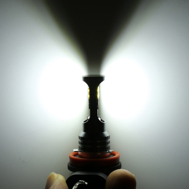 Car LED fog light bulb emitting bright white light, black base with orange ring