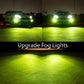 Car fog lights emitting green light beams from front bumper housings