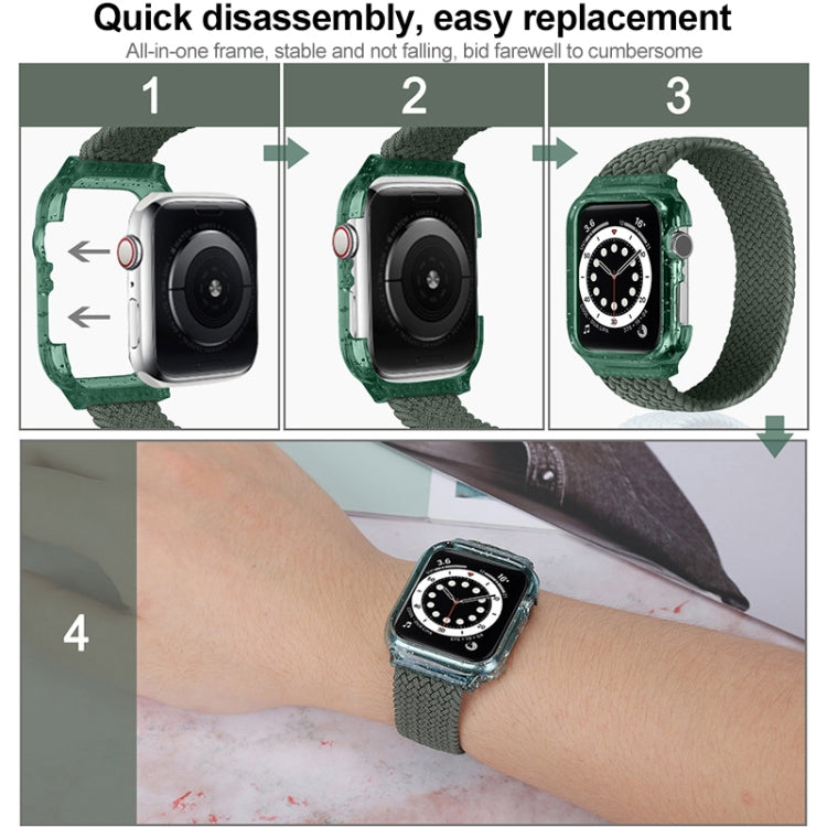 Woven replacement watch strap with frame, dark green band on wrist