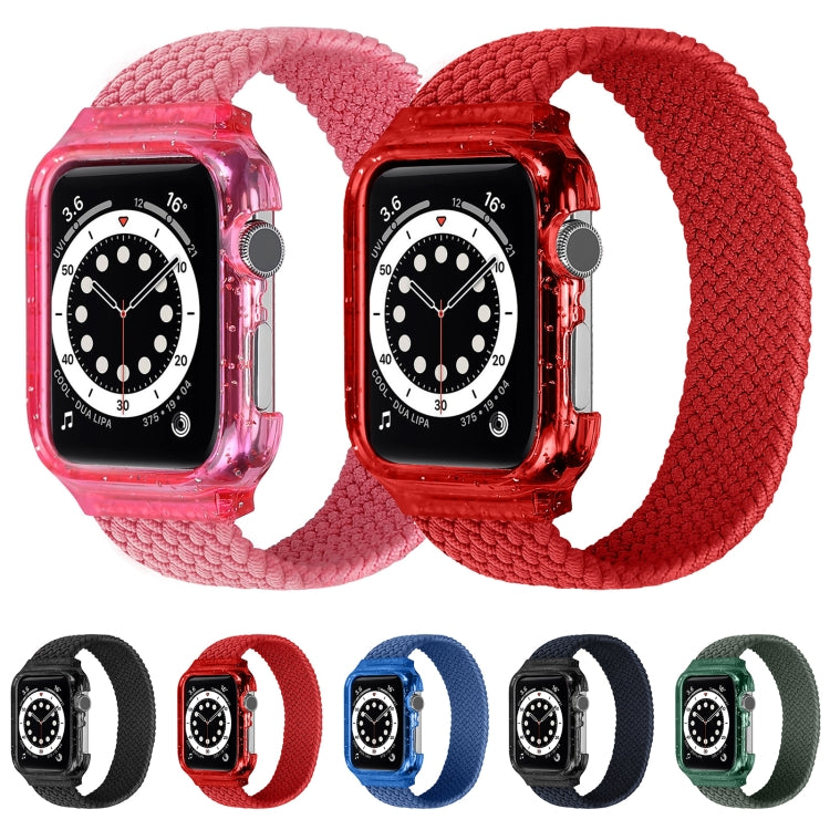 Two pink woven watch straps with protective frames for Apple Watch