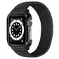 Braided replacement watch strap with frame, black; Apple Watch dial and crown visible
