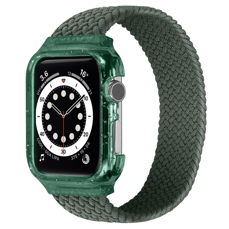 Braided replacement watch strap with frame, dark olive green; Apple Watch case and strap shown