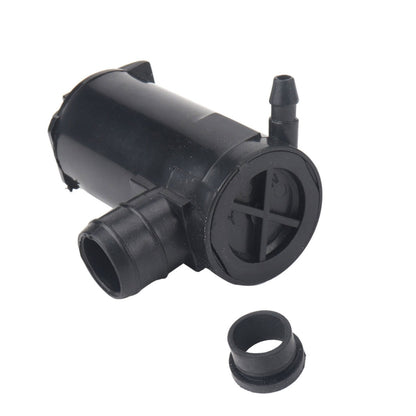 Black windshield washer pump with mounting base and inlet hose connector