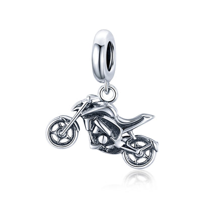 Silver motorcycle charm pendant with oval clasp bail, oxidized detailing