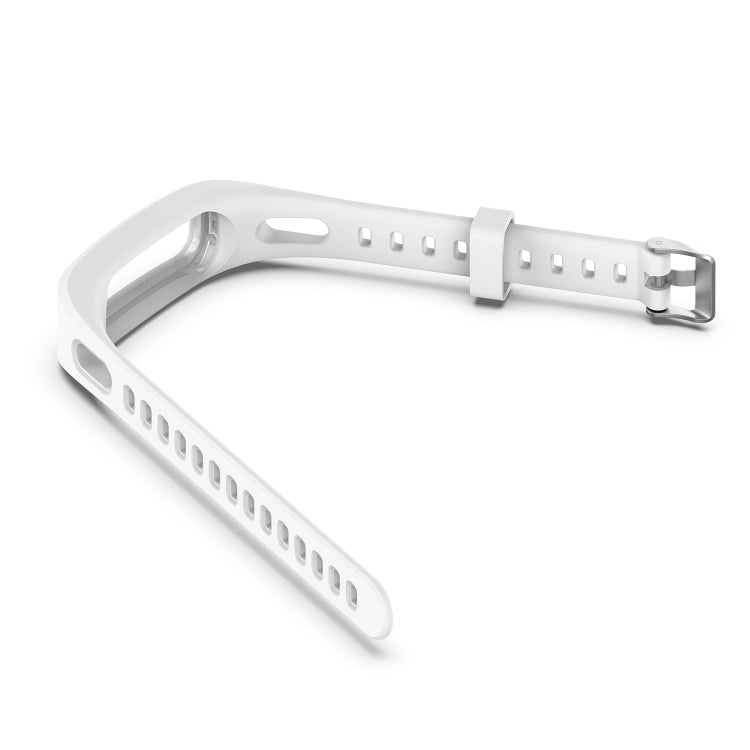 White silicone wrist strap laid flat, showing adjustment holes and end clasp.