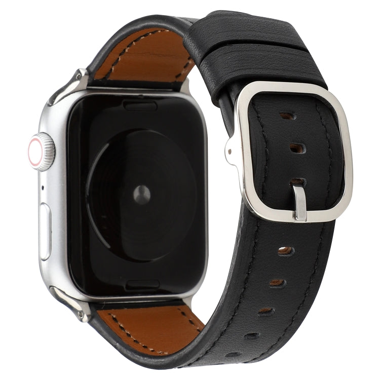 Genuine leather buckle watch strap for Apple Watch with black band and silver buckle.