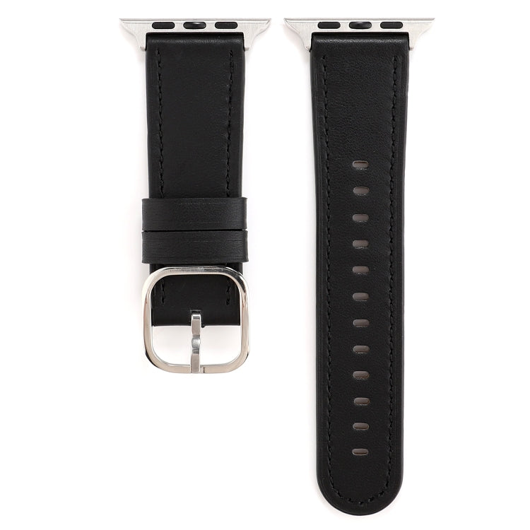 Genuine leather buckle watch strap with black leather band and metal buckle, laid flat.