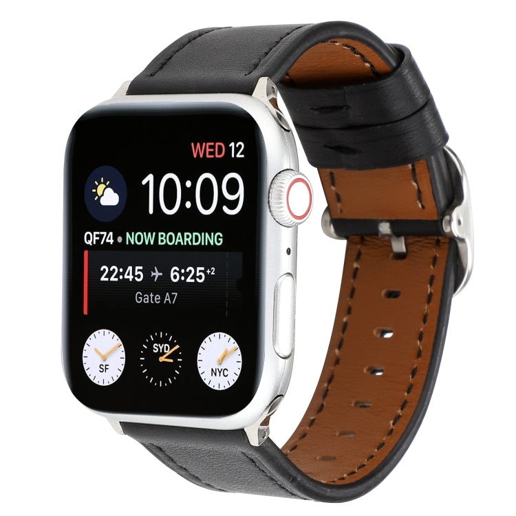 Genuine leather buckle watch strap for Apple Watch with black band and tan underside.