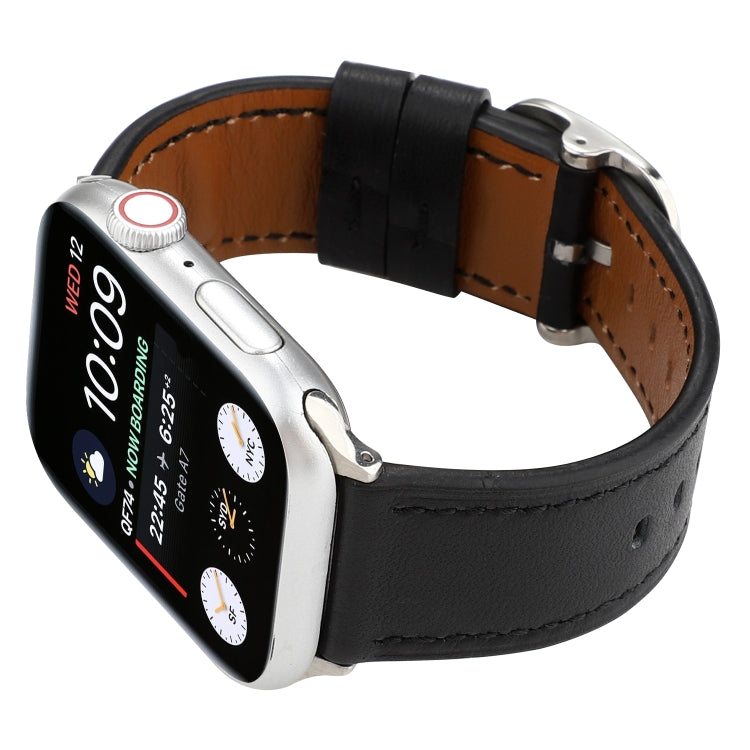 Genuine leather buckle watch strap with black band and silver metal buckle hardware.