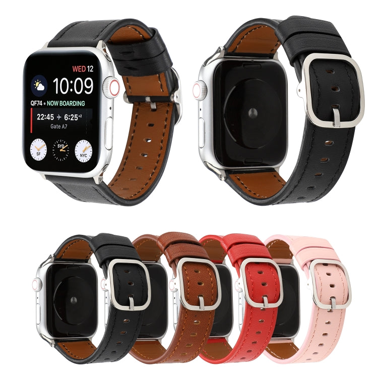 Genuine leather buckle watch straps shown together in black, brown, red, and pink colors.