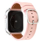 Genuine leather buckle watch strap for Apple Watch with light pink band and silver buckle.