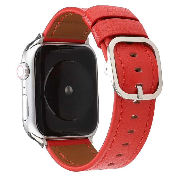 Red genuine leather Apple Watch strap with metal buckle and perforation holes