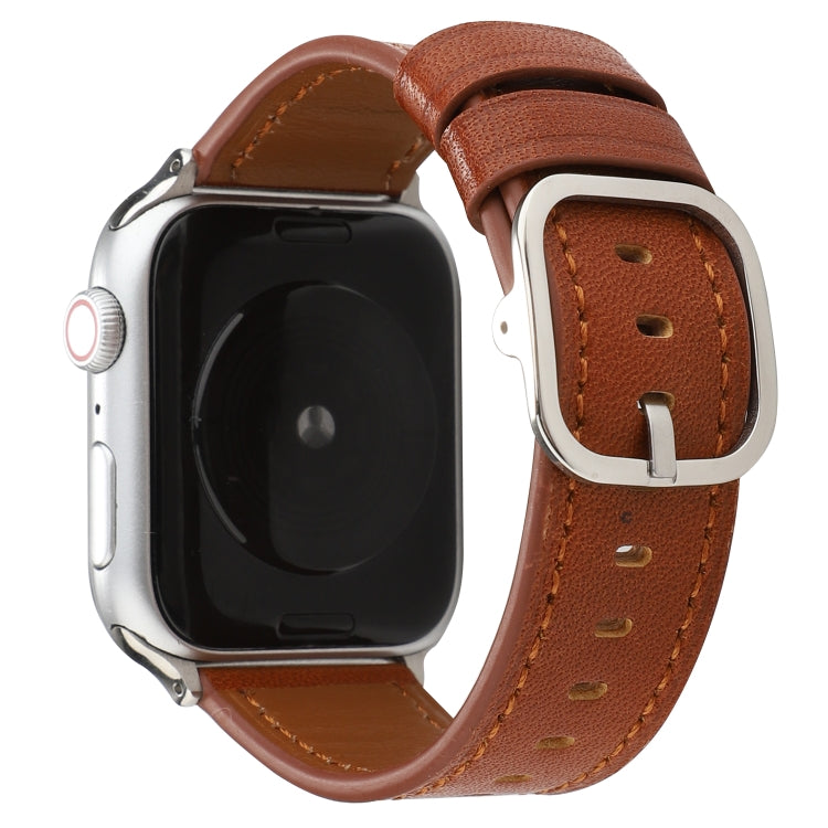 Brown genuine leather Apple Watch strap with metal buckle and perforation holes