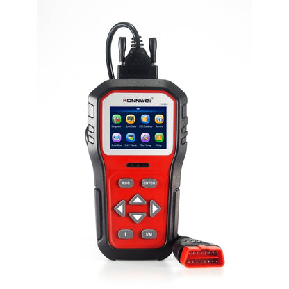 KONNWEI car battery tester/OBD2 scan tool with color screen and keypad, red/black