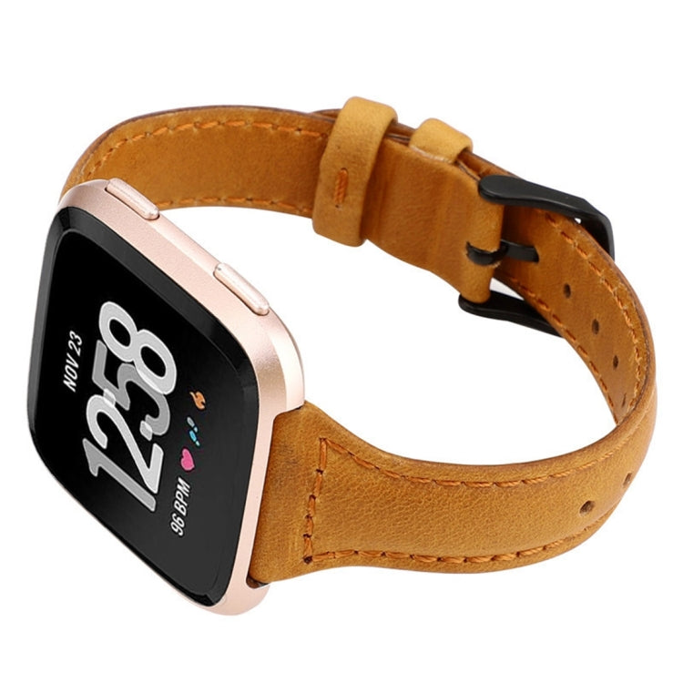 Genuine leather Fitbit Versa strap in tan with double loop keeper detail