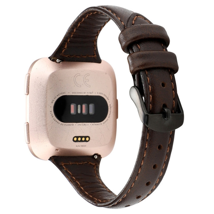 Genuine leather Fitbit Versa strap in dark brown with adjustable buckle and stitching