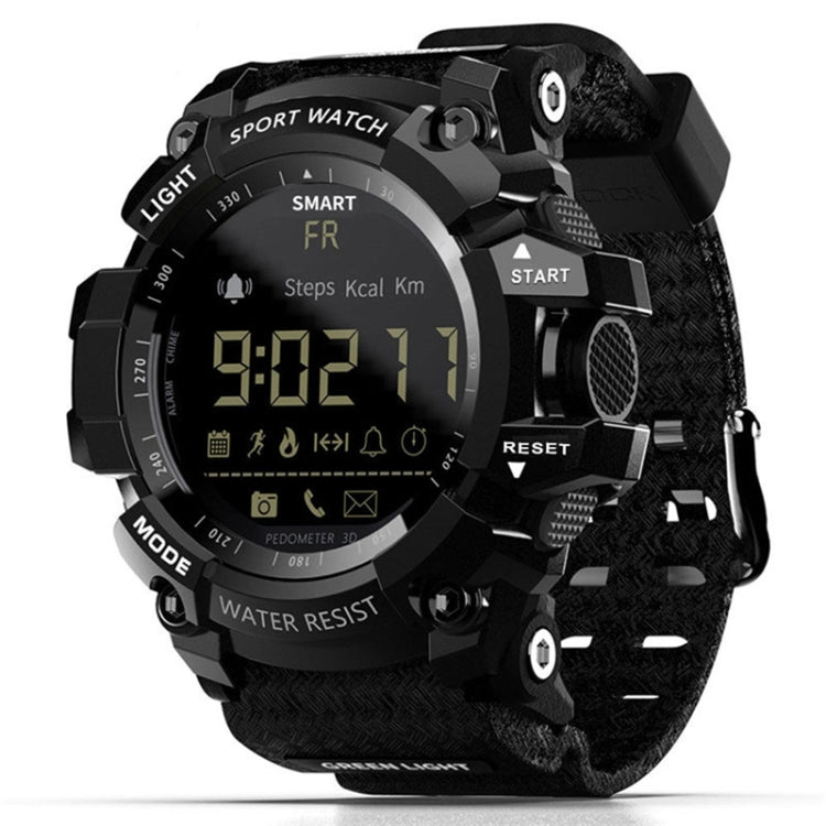 Black sport watch with textured strap and round LCD display showing 9:02:21
