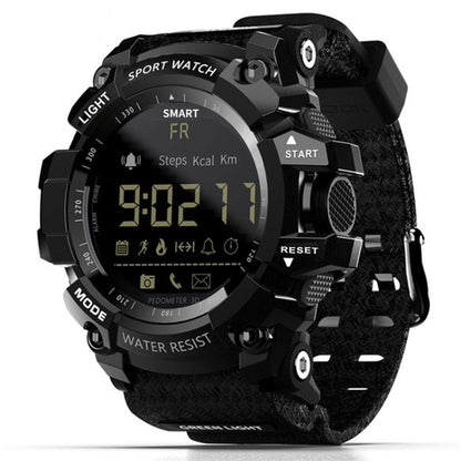 Black sport watch with textured strap and round LCD display showing 9:02:21