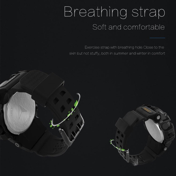 Black ventilated smartwatch strap with breathable perforations and round LCD case