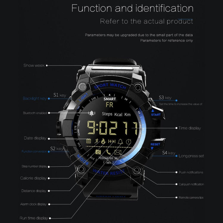 Black sports smartwatch front view with round LCD screen and labeled side buttons