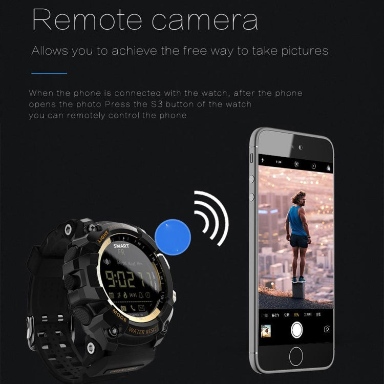 Black sports smartwatch with remote camera, shown beside smartphone photo preview