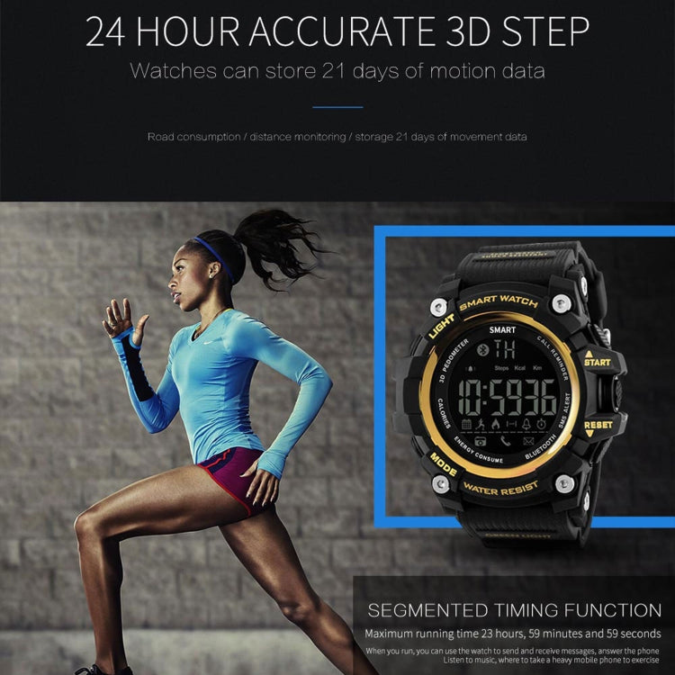 Black round smartwatch with yellow accents and digital LCD face