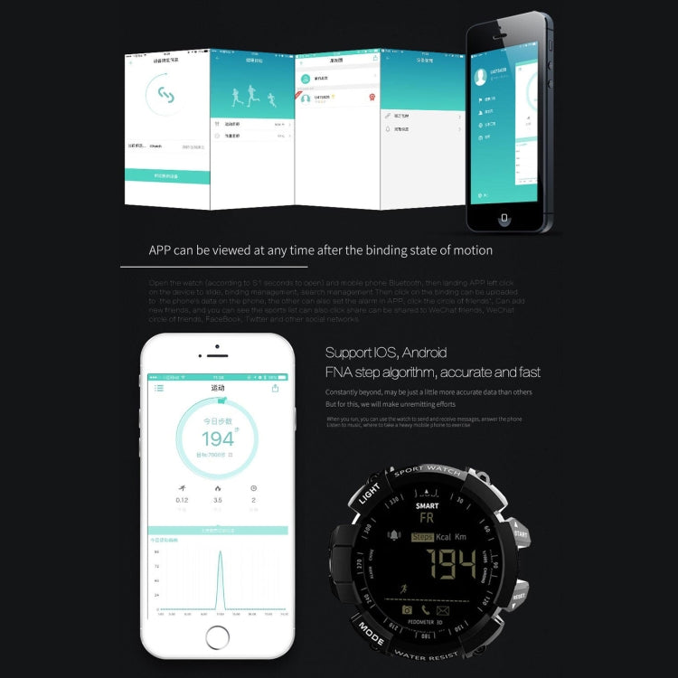 Black smartwatch with digital time display and black strap, shown with phone app screens