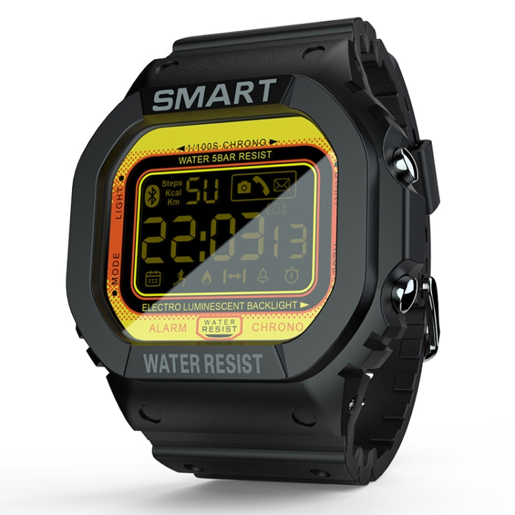 Black rugged smartwatch with yellow-orange backlit touchscreen display