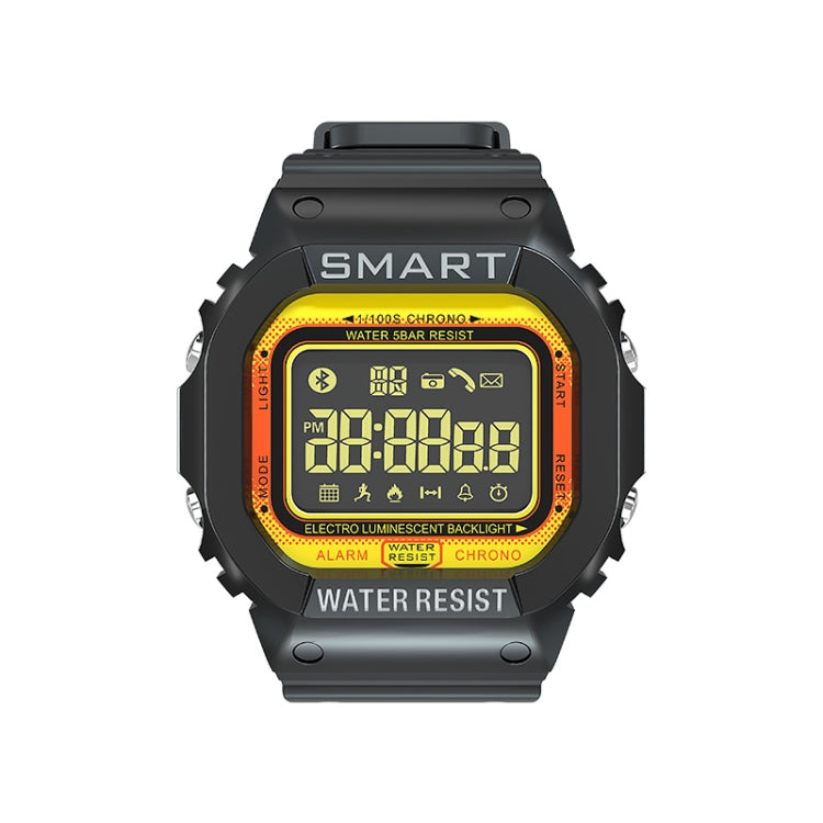 Black digital smartwatch front view with orange backlit screen