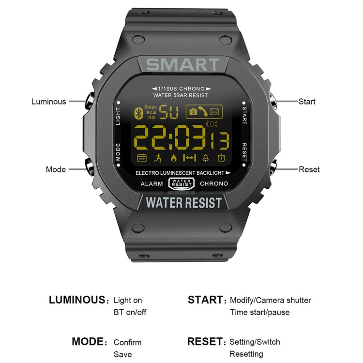 Black smartwatch front view with labeled buttons and bright time display