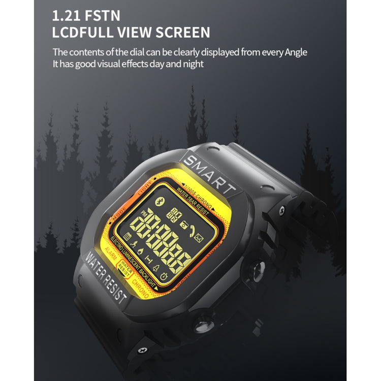 Black FSTN LCD smartwatch with bright yellow screen and rugged case