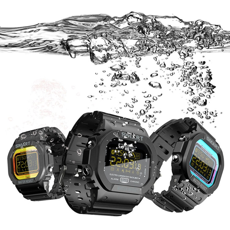 Set of black smartwatches with visible LCD displays, shown with water splashes